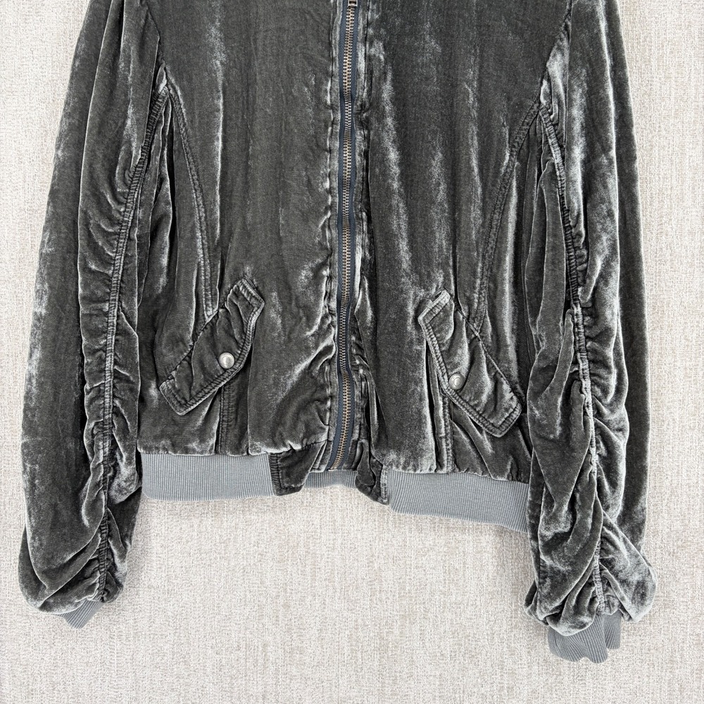 Free People Jacket Womens XS Green Ruched Velvet Bomber Full Zip Velour Varsity - Picture 6 of 13